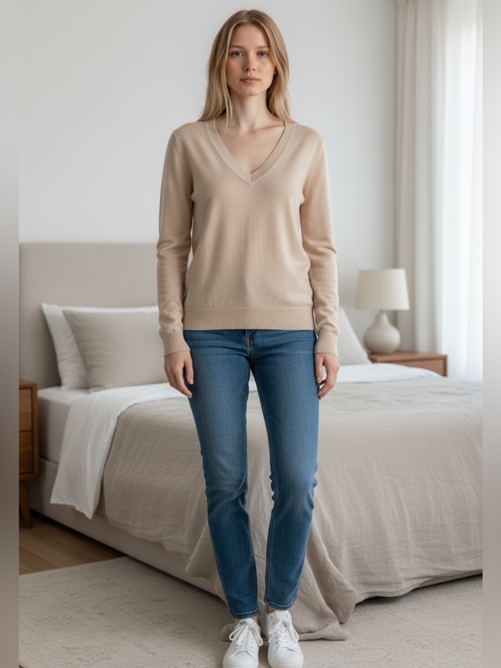 Quince lightweight Cotton Cashmere V-Neck Sweater in Heather Oatmeal SzM. NWT